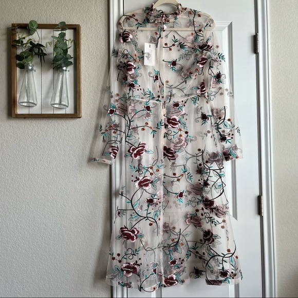 Endless Rose sheer embroidered floral midi mockneck long sleeve dress - Picture 5 of 11